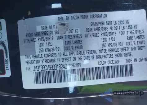 2011 Mazda Cx-9 Touring from USA, damaged, VIN JM3TB3CV5B0318240